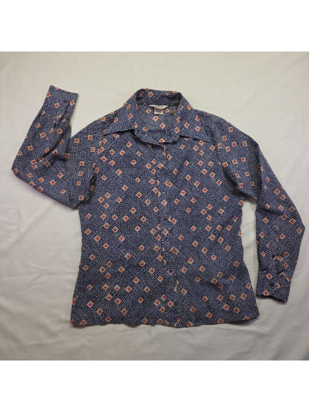 Vintage 1970s Sears Best Perma-Prest Blouse Retro Mod Geometric Shirt Women's 14